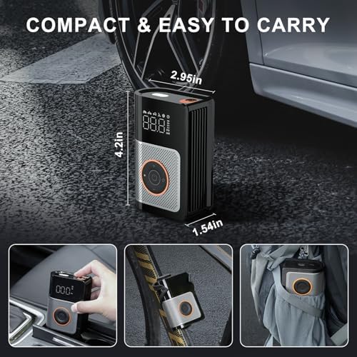Tire Inflator Portable Air Compressor, 160 PSI Portable Tire Inflator for Car, Car Tire Air Pump Portable with Tire Pressure Gauge, Portable Air Compressor for Car Tires, Motorcycle, Bicycle and More