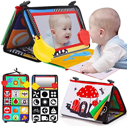 Tummy Time Baby Mirror Infant Toys Newborn 0 3 Months Brain Development with Crinkle Cloth Book Teether Black and White High Contrast Baby Toys 2 4 5 0-6 Month Boys Girls Sensory Christmas Shower Gift