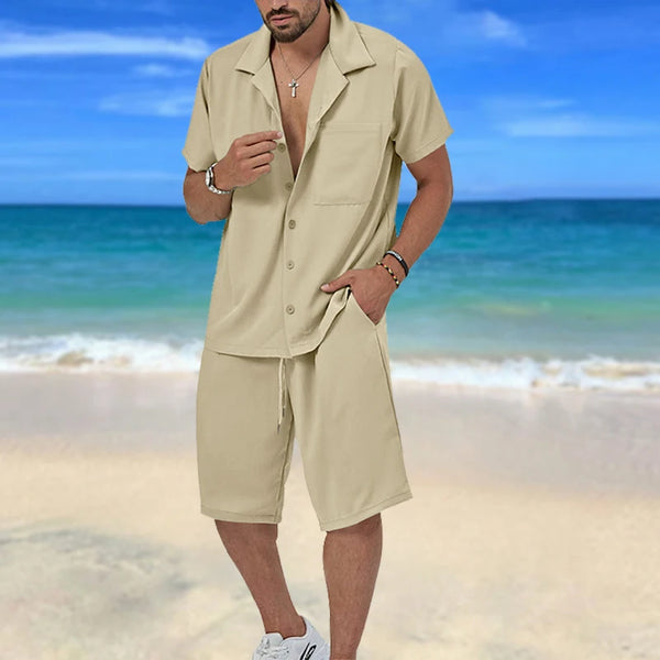 Men's 2Pcs Outfits, Casual Lapel Button Up Short Sleeve Shirt And Drawstring Shorts Set For Summer, Men's Clothing For Daily Lei